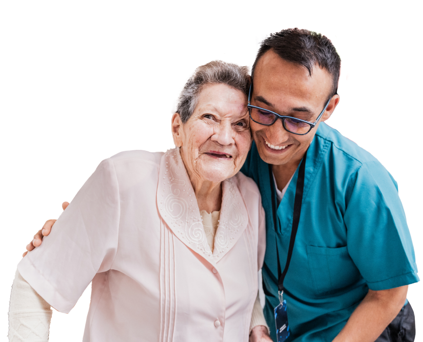 elderly-woman-and-male-nurse-embracing-and-smiling